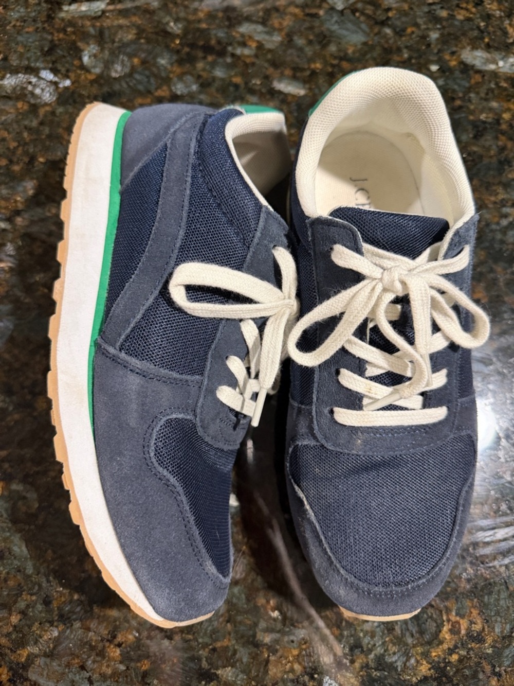 J. Crew Navy Suede & Mesh Sneakers with Cream Laces and Green Trim